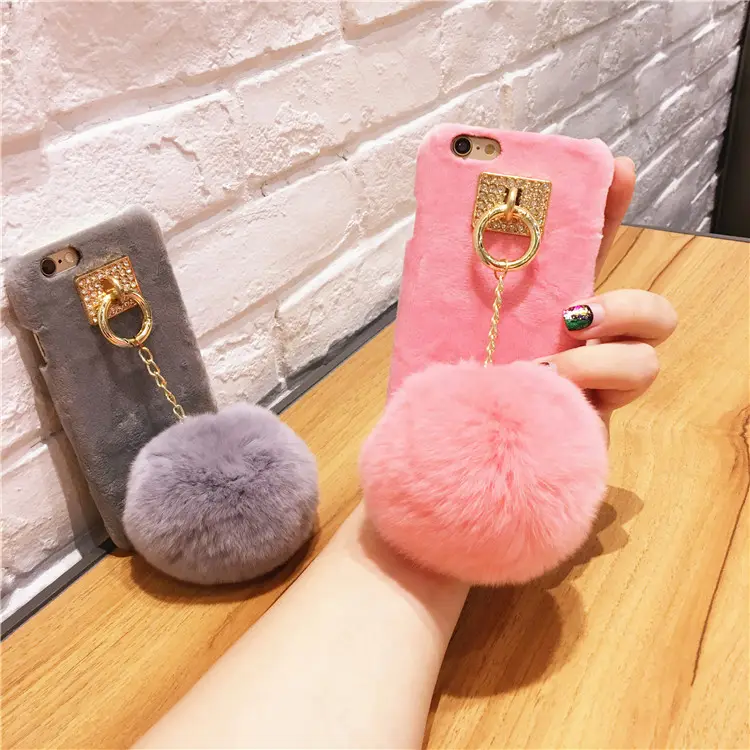 Korea Wram Rabbit Fur Ball Diamond Metal Ring Tassel Case for Iphone 6 6plus 7 7 plus Luxury Plush Hard Pc Cover cases Purple