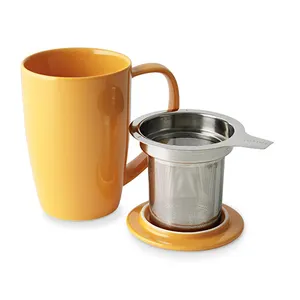 创意陶瓷茶杯带盖和不锈钢浸泡器过滤杯套装，用于牛奶咖啡果汁香茶
