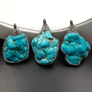 WT-NP264 Gorgeous randomly natural Chunky Turquoise Stone Pendant, Fashion Rhinestone Pave Top Bail Turquoise Stone pendant