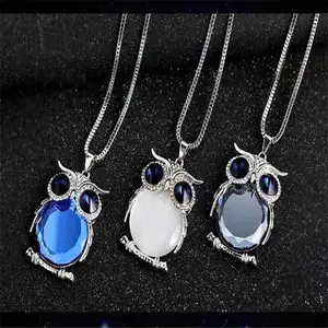 Trendy Cute Big Gem Crystal Glass Owl Pendant Necklace Long Sweater Chain Animal For Women Jewelry Wholesale