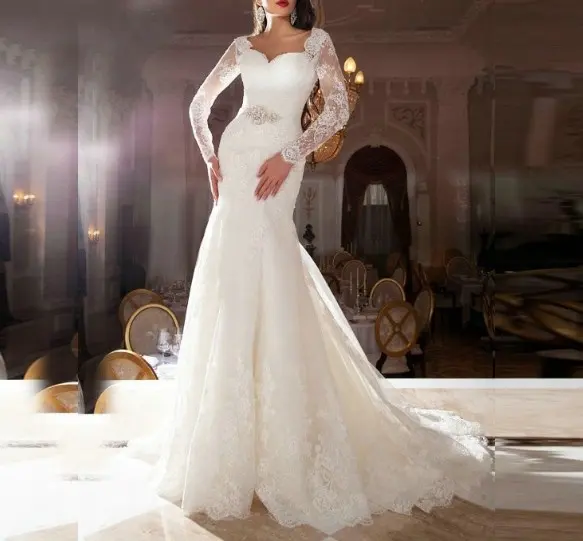 Modern Western Lace Fish Tail Bridal Gowns Wedding Dress With Long Sleeve