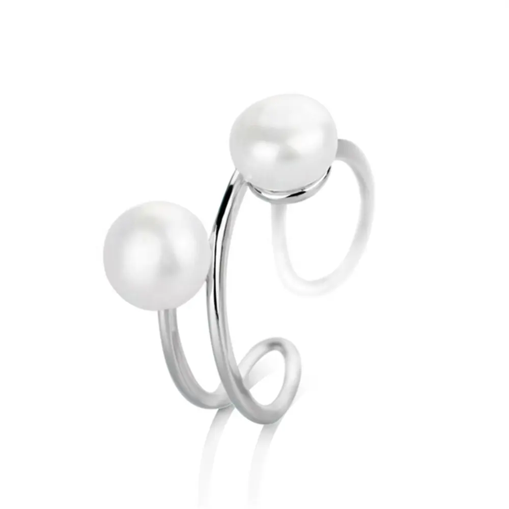 Elegant Unique Adjustable White Ball Freshwater Pearl Silver Ring