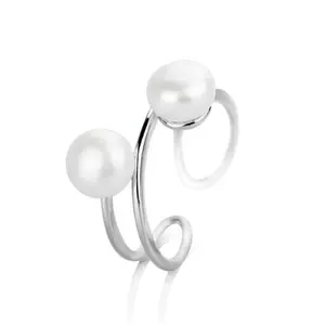 优雅独特的可调节白球淡水珍珠银戒指