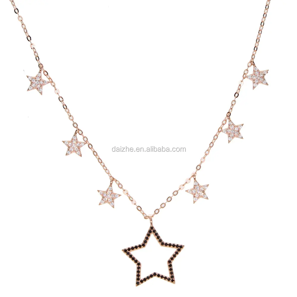 Collar de Estrella de Plata de Ley 2021 para mujer, cadena de oro rosa pavimentada de cz negro, regalo de joyería de boda 925