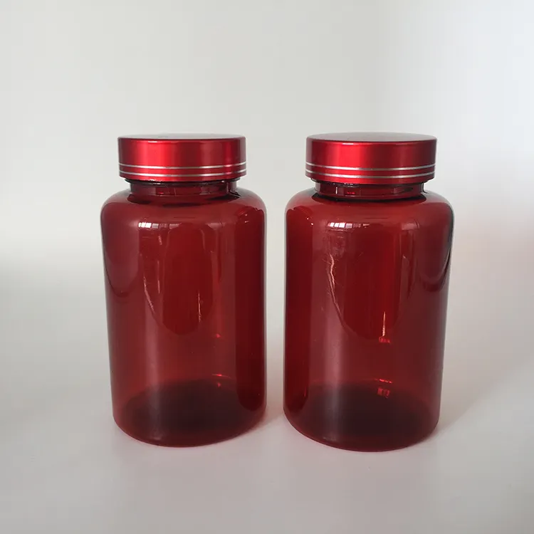 Botol Kemasan Obat Tablet Pil Kapsul PET, Warna Amber Merah 250Ml 250G 8Oz dengan Sekrup Tutup Logam