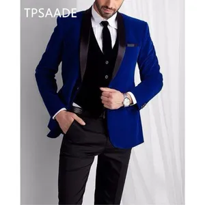 Costume châle en velours de couleur bleu pour Homme, veste de soirée à revers, avec pantalon, veste Slim Fit, smoking Terno, Costume