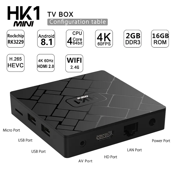 Fábrica, a caixa de tv android 8.1os hk1 mini smart tv box, 2gb ram, 16gb rom, set top box com kd 18