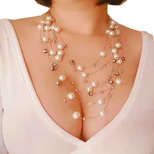 Best Selling Fashion Jewelry Gold Chain Seven Multi Layer Pearl Beads necklace Thin Chain Choker Necklace N0056R