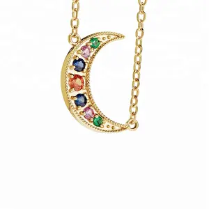 Fashion women jewelry gold plated rainbow crescent moon pendant necklace