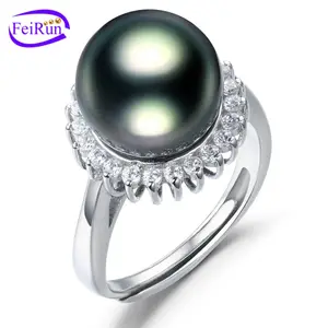 FEIRUN 11-12ミリメートルラウンド新ファッション真珠のリングジュエリー、タヒチ真珠リング、925スターリングシルバー真珠の指輪