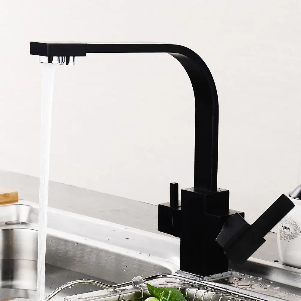 Katı pirinç 3 yollu su filtresi musluğu su musluk 360 derece dönüş mutfak evye musluğu su mikser siyah kare mutfak musluk