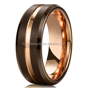 Mens Wedding Band 8mm Zeldzame Bruin Geborsteld Tungsten Ring Met Rose Gold Groef Stap Rand Comfort Fit Ring Mannen's - Product Image 2