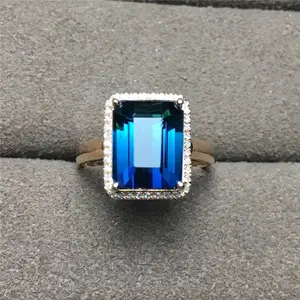 حار بيع الأوروبية الأحجار الكريمة والمجوهرات 18k روز الذهب جنوب أفريقيا الماس 5.25ct الأزرق الطبيعي التورمالين الدائري للنساء