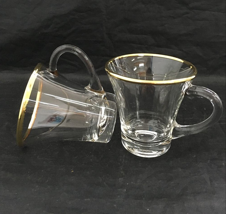 glass coffee mug with gold rim