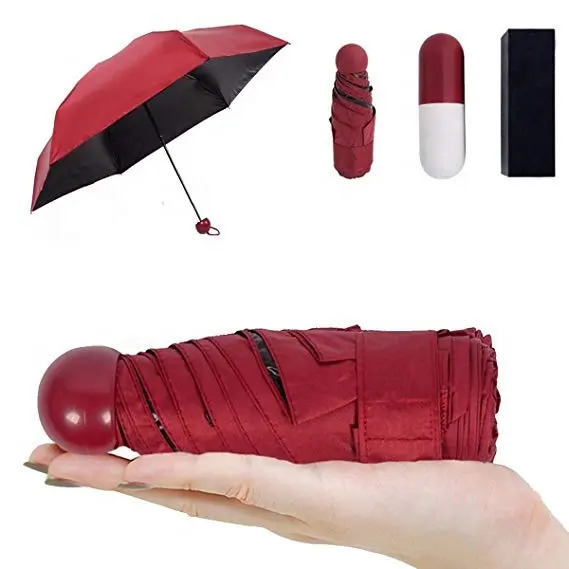 Beş süper mini katlanır kapsül UV koruma seyahat çantası plastik kasa ile sarı şemsiye