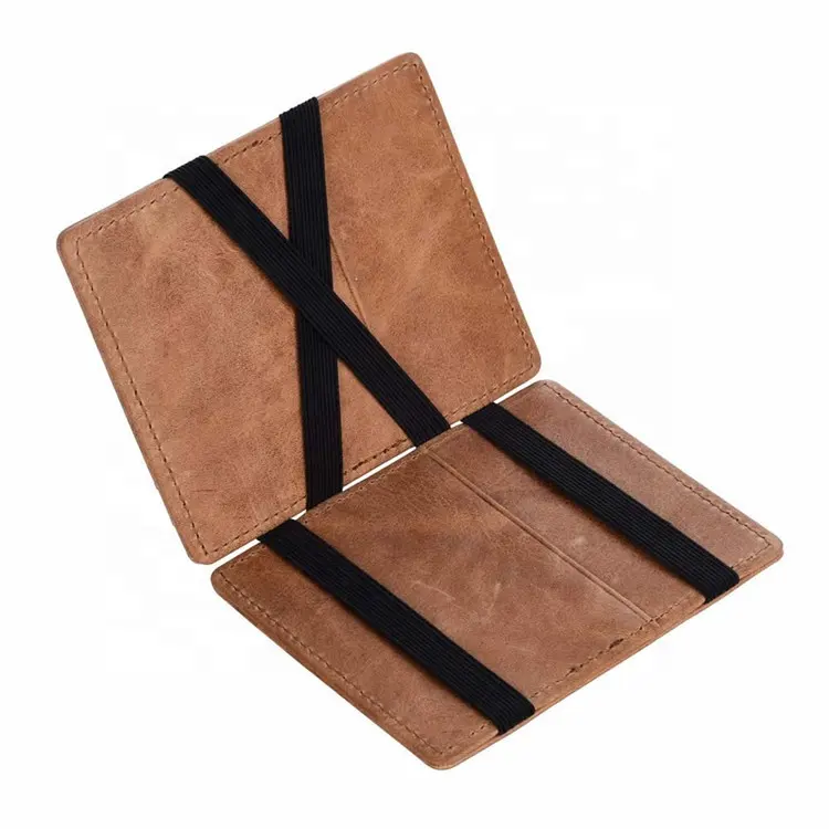 Custom Fashion Genuine Leather Minimalist RFID Blocking Slim Mens Money Magic Wallet with Elastic Straps