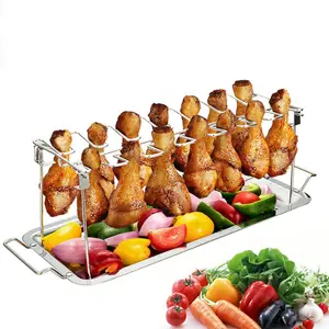 Hot Chicken Leg Wing Rack 14 Slots Stainless Steel Metal Roaster Stand with Drip BBQ Grill Tray for Smoker Grill or Oven