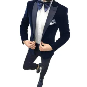 Latest Coat Pant Design Navy Velvet Men Suit Slim Fit 2 Pieces Men Wedding Suits Groom Party Tuxedos Blazer With Pants