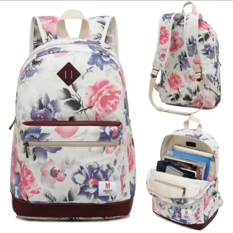 2019 Mode Canvas Laptop Toevallige Reizen Schooltas Rugzak Met Bloemen Printing Over Rugzak Voor Tieners Studenten