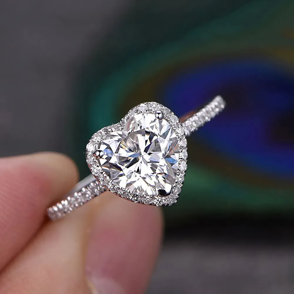 Anillo de compromiso de oro blanco de 18K con forma de corazón para niña y R841-M, sortija de boda con diamantes de circonia cúbica