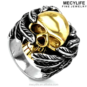 MECYLIFE 두 톤 스테인리스 골드 해골 헤드 링 골동품 날개 스타일 반지 - Product Image 4