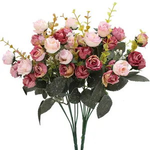 Buket Bunga Sutra Buatan, Dekorasi Bunga Mawar Daun Sutra Buatan 7 Cabang 21 Kepala