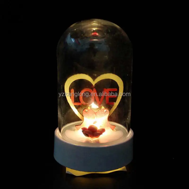 Spring / Christmas Mini glass dome with love and bird design inside with led lights for home decoration
