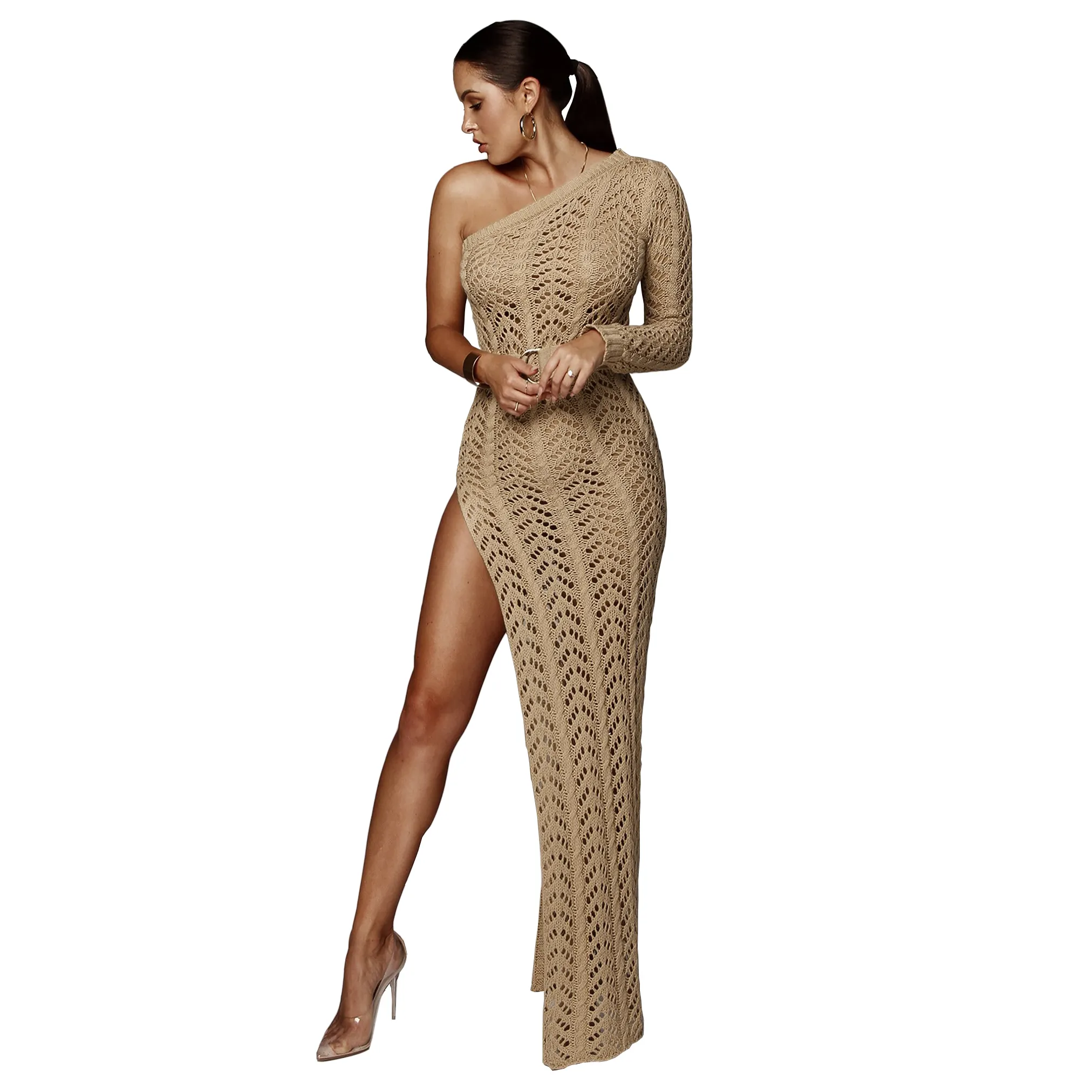 Fashion Slit One Shoulder Crochet Cover Up Beachwear Women Hallow Out Khaki Wrap Sexy Knitted Cover Up Beach Long dress