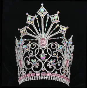 Mahkota Tinggi Kustom Cantik 10 Inci Berlian Imitasi Kontes Mahkota Tinggi Kristal Menyesuaikan Kontur Band Miss Big Tiara