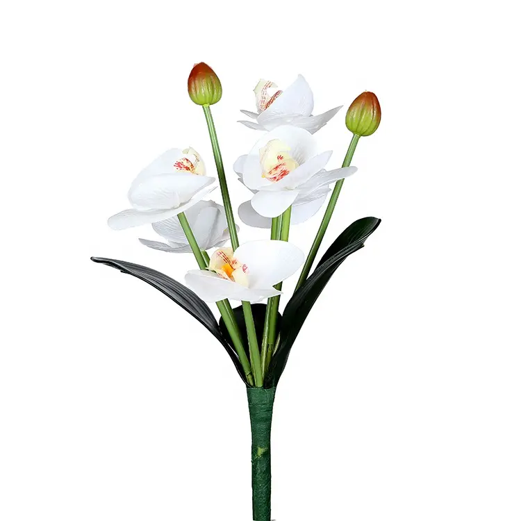 थोक लेटेक्स रियल टच आर्किड फूल कृत्रिम सफेद ऑर्किड फूल पत्तियों के साथ