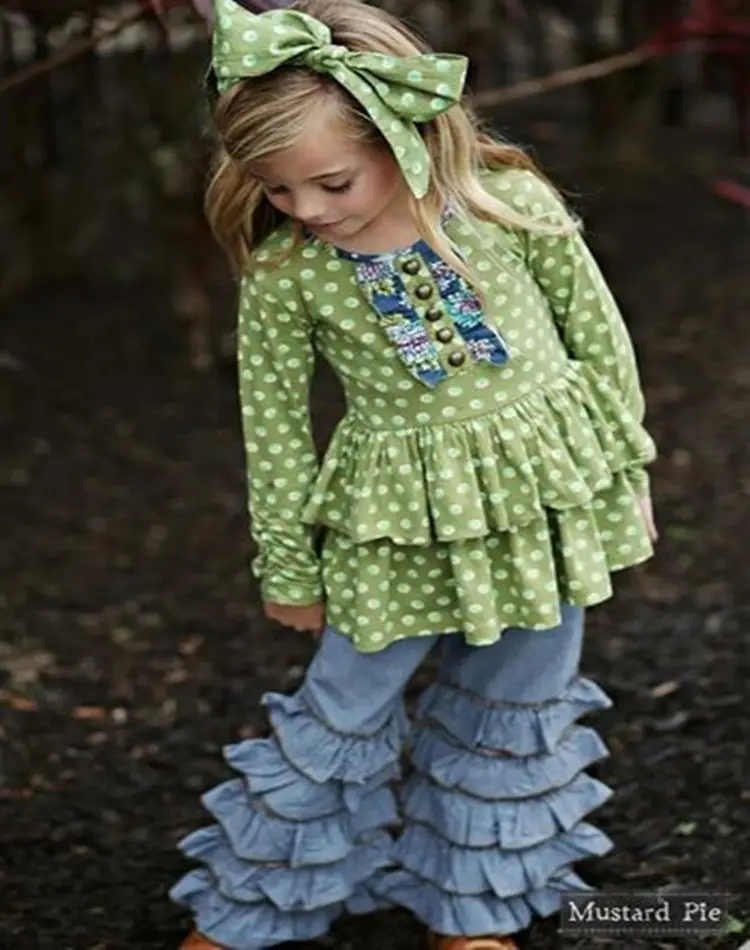 Ultimo disegno in maglia di cotone autunno articolo polka dot volant pantaloni bulk commercio all'ingrosso boutique di abbigliamento per bambini Senape Torta di Rifare
