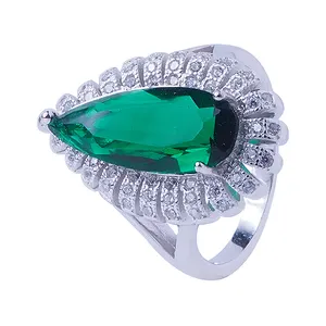 最佳价格时尚女性订婚祖母绿水晶石 925 银戒指