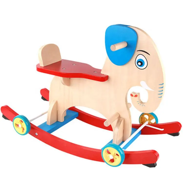 Wholesales हाथी डिजाइन लकड़ी कमाल हार्स बच्चे लकड़ी पहियों के साथ पशु खिलौने पर सवारी