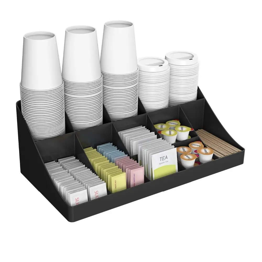 उच्च गुणवत्ता काले एक्रिलिक 11 डिब्बे भंडारण बॉक्स Breakroom कॉफी मसाला प्याली Teabag आयोजक के लिए Breakroom
