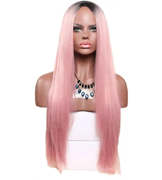 26 Inches Long Two Tones Pink Wig Blonde Straight Synthetic Wigs for Women Heat Resistant Natural Ombre Hair