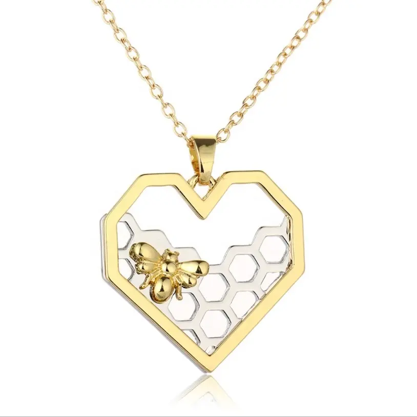 Unique design gold plated metal animal pendant jewelry honeycomb bee charm heart chain necklace