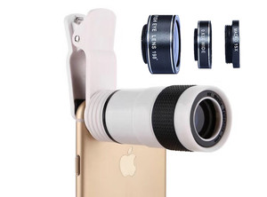 Universale 4 in 1 Lente di Clip con 0.63 Wide Angle + 15x Macro + 198 gradi Fisheye + 8x Teleobiettivo lente