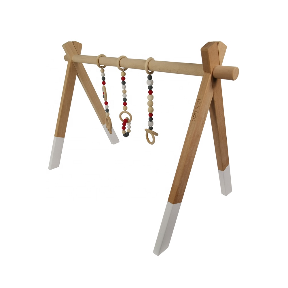 Оптовая продажа, детская складная деревянная рама из натурального бука для спортзала, с 4 подвесными игрушками, детский игровой центр