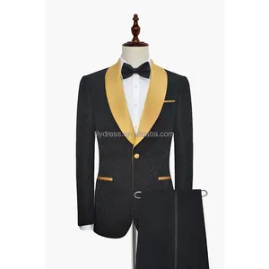 Neueste Mantel Hose Designs Schwarz Muster Schal Revers Herren Anzug Formal geprägt Skinny Prom Kostüm Männlicher Blazer 2 Stück Terno Smoking