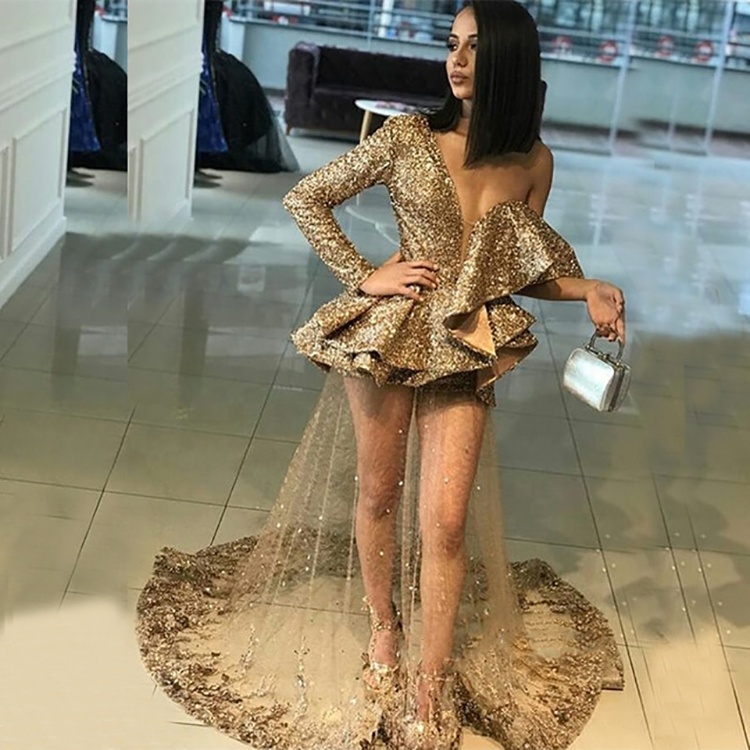 Custom Made Long Sleeve One Shoulder Sequin Luxury Gold Evening Dress|  Alibaba.com