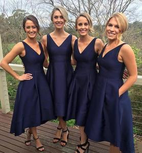 Simple A-Line Summer V Neck Navy Blue Cheap Bridesmaid Short Dress Made In China