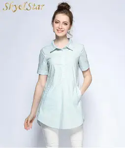 Color puro manga corta Camisa larga Polo mujer moda Blusa con bolsillos laterales diseños para oficina