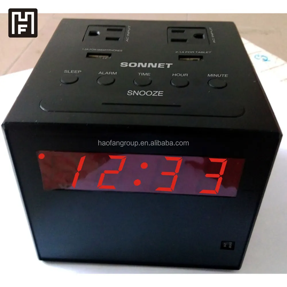 Black 0.9" LED Charging Station Clock Radio 2 USB & 2 110 Volt Plugs