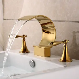 Widespread 3 Holes Bathtub Faucet Waterfall Spout 2 Knobs Mixer Tap Gold Polished For Bathroom