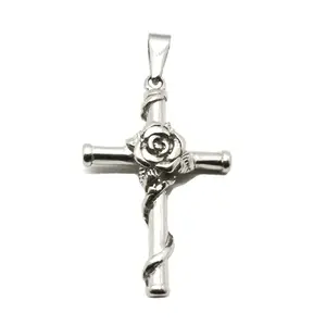 High Quality Olivia Stainless Steel Silver Plated Vintage Rose Flower Cross Pendant