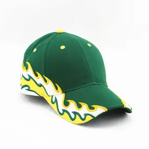 Factory Suppliers Green Cotton Baseball Cap Flame Embroidery Running Hat Custom Caps Hats