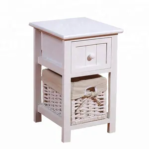 White Wood Shabby Chic Nachttisch End Side Bedside Kleiner Tisch Wicker Aufbewahrung schublade und Korb