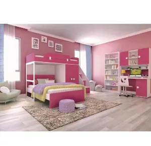 Grosir Set furnitur tempat tidur anak-anak, bahan kayu merah muda/kamar tidur kembar, set furnitur tempat tidur siang hari, furnitur anak TK