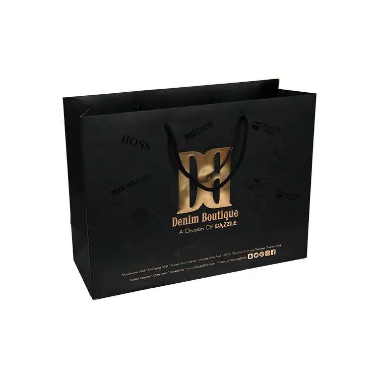 Bolsa de papel para embalaje de compras con logotipo, marca de lujo negra impresa personalizada