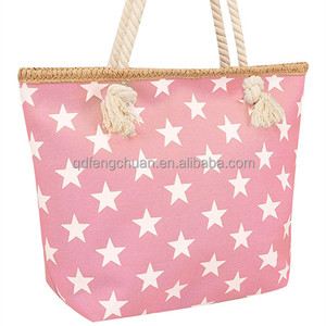 Rose et <span class=keywords><strong>Blanc</strong></span> Étoiles Impression Martin Plage Sac Avec Poignées De Corde - Product Image 1